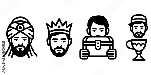 Four black and white line icons of men with various headwears and objects  king crown turban treasure chest trophy