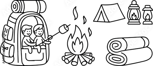 Hiking gear icons with backpacker characters campfire tent and camping equipment outline vector illustration.