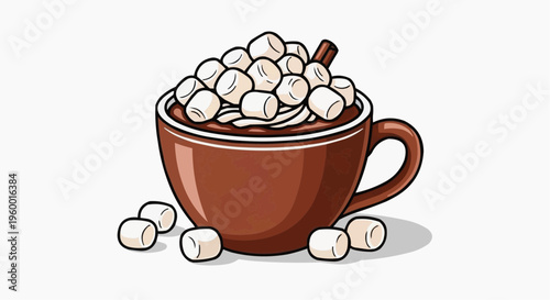 A vector illustration of a brown coffee mug filled with marshmallows and a cinnamon stick in white background.