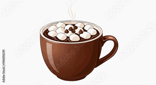 A vector graphic illustration of a brown mug filled with hot chocolate and marshmallows in white background.