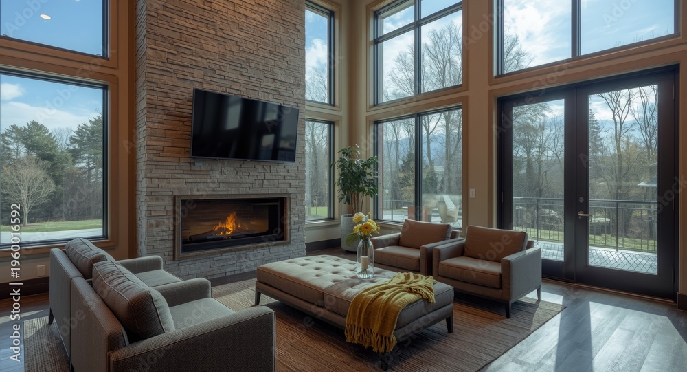 Obraz premium Contemporary lounge area with high windows and wood burning fireplace