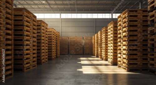 brightly lit warehouse with pallet stacks of blocks forming an abstract background under natural sunlight