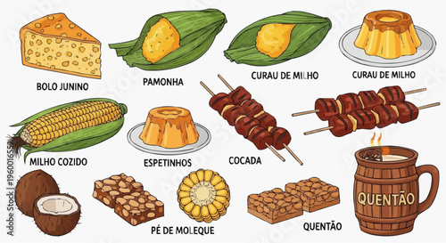 A colorful vector graphic illustration of traditional Brazilian foods and desserts in white background.