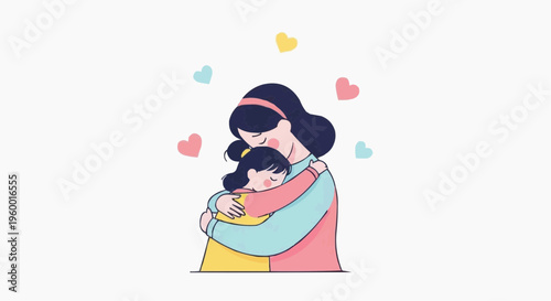 A heartwarming illustration of a mother hugging her child surrounded by colorful hearts in white background.