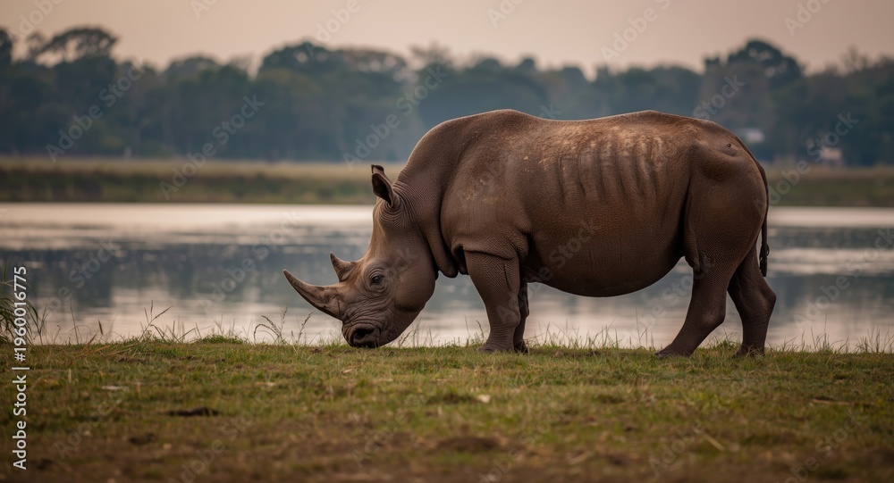 Fototapeta premium Majestic Indian rhinoceros enjoying serene lakeshore at dusk in its natural kingdom