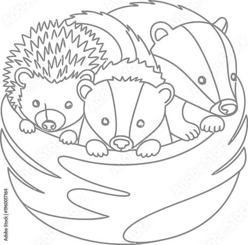 Cute baby badger and hedgehog snuggling closely together inside a protective nest or leafy burrow illustration outline