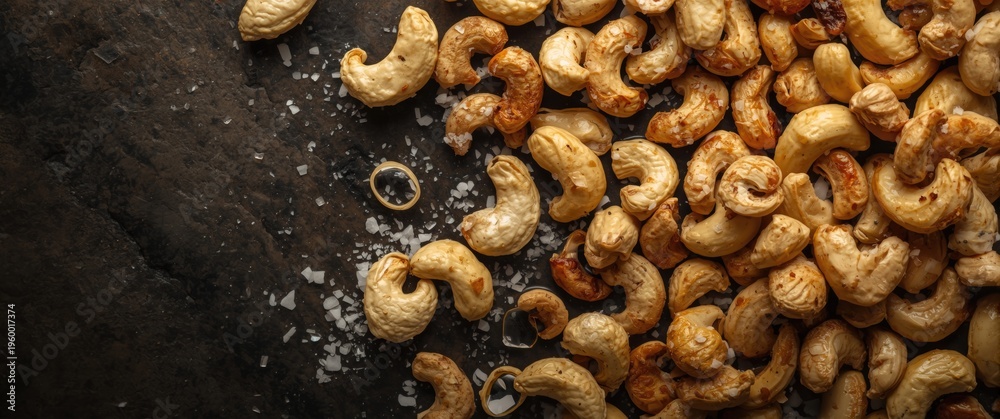 Obraz premium Roasted cashews sprinkled with salt and copy space for adding text