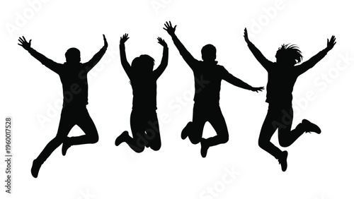 Four people jumping in the air with their arms raised