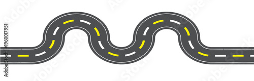 Wavy winding curves roads and horizontal path. Horizontal asphalt road template. Flat vector illustration isolated on transparent background.
