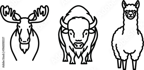 Three distinct stylized line art icons representing a moose a bison and a fluffy llama standing together on a white background.