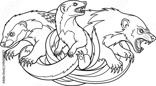 Intricate black and white line art illustration featuring three fierce mustelid animals, a badger, stoat, and wolverine, intertwined in a stylized tribal knot design, conveying power and wildness.