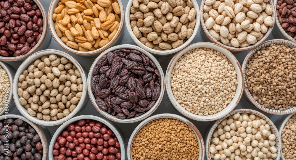Naklejka premium Assorted uncooked legumes and grains displayed in ceramic cups promoting clean nutrition
