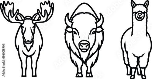 Three distinct stylized animal head icons featuring a moose bison and alpaca shown frontally as simple line art illustrations