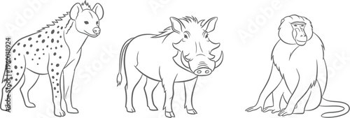 Coloring page illustration featuring three distinct African safari animals including a spotted hyena a warthog and a seated baboon