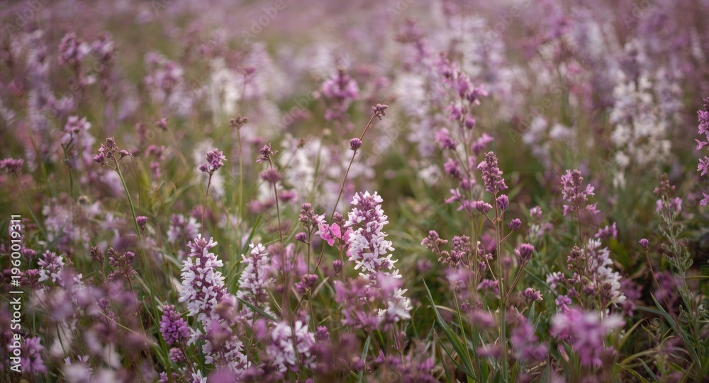 Fototapeta premium Scenic flower pasture filled with various pink and white plants highlighted by purple shades and a soft blur effect