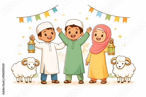 Three happy children celebrating Eid al-Adha with sheep and lanterns, a festive Muslim holiday illustration