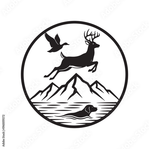 A circular monochrome illustration of a deer jumping over mountains with a duck and hunting dog