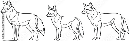 Three minimalist continuous line art foxes standing elegantly in profile on a clean white background, ideal for modern design, nature themes, and artistic animal illustrations.