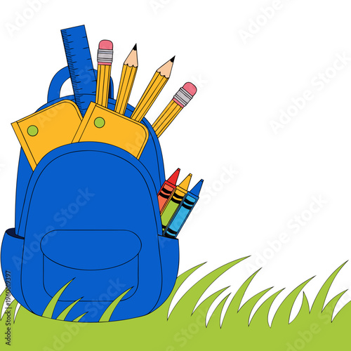 Blue backpack filled with school supplies on green grass background  