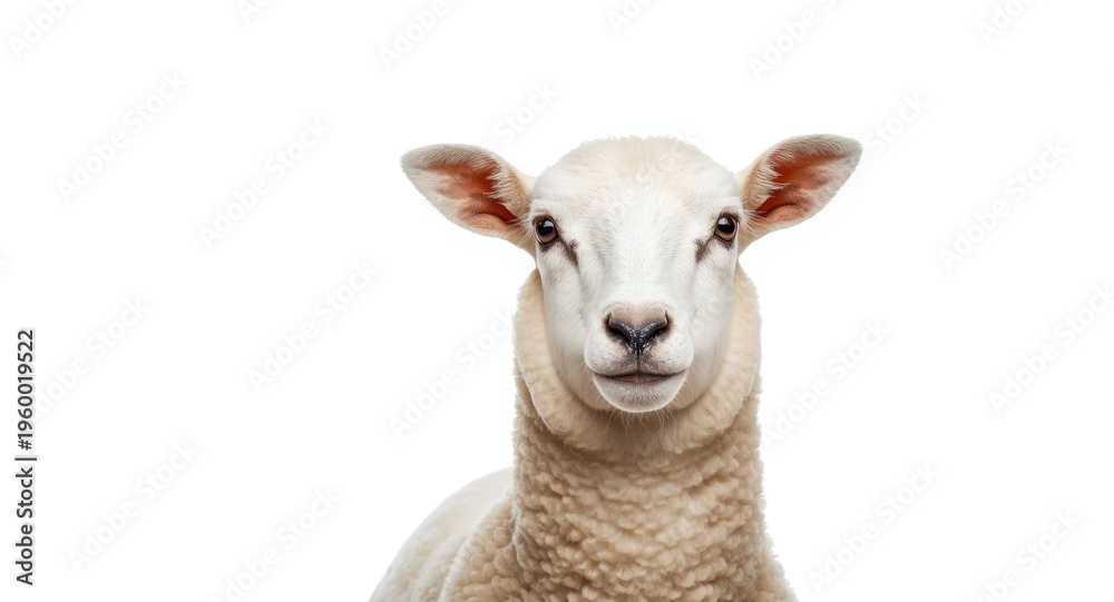 Fototapeta premium Lamb and white sheep friendly headshots in front view with clear white background