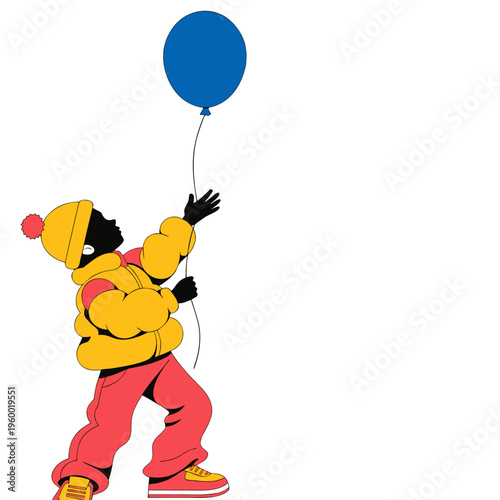 Young boy reaching for a blue balloon on white background - Concept of International Children's Day  