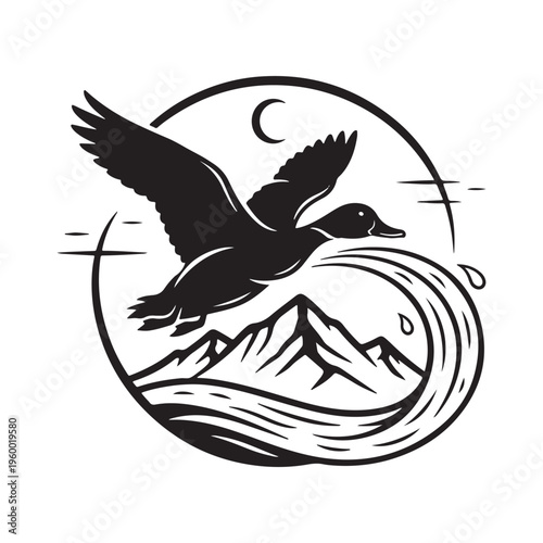 A minimalist black and white vector illustration of a duck flying over mountains and water waves