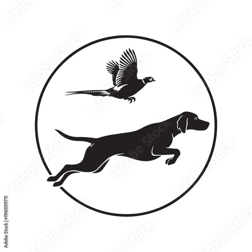 Minimalist silhouette design of a hunting dog chasing a flying pheasant inside a circular frame