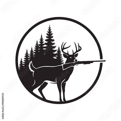 A black and white circular emblem featuring a majestic buck holding a hunting rifle in the woods