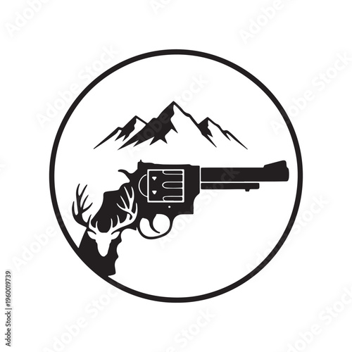 A minimalist circular logo design featuring a revolver gun with deer antlers and mountain peaks