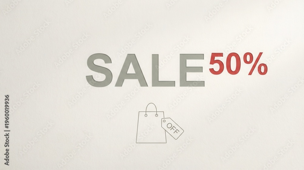 Fototapeta premium Large sale sign showing fifty percent off on various items at a store during a weekend