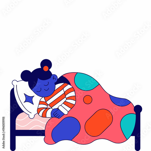 Girl sleeping peacefully under colorful blanket in cozy bedroom - Concept of International Children's Day  