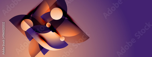 Abstract shapes blend, creating dynamic composition. Warm orange contrasts cool purple tones. Modern design evokes fluidity, energy.