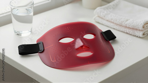 Red LED light therapy mask on a white table for a home spa routine. High-tech skincare device for facial rejuvenation and collagen boost in a minimalist setting