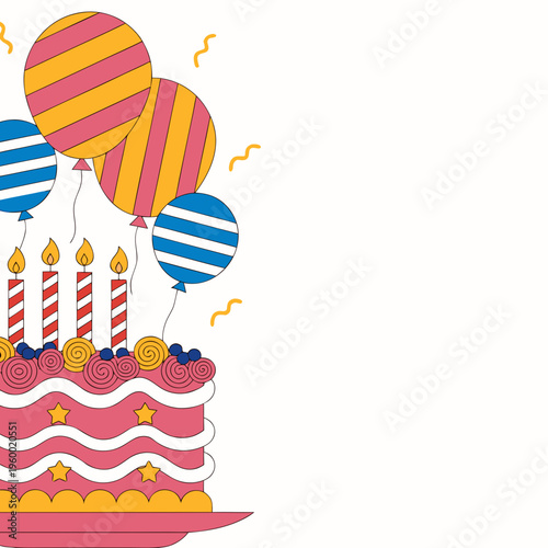 Colorful birthday cake with candles and balloons for celebration
