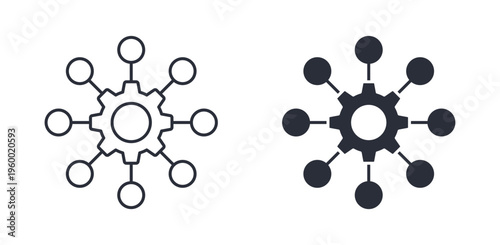 Network system icons, gear with connected nodes symbol, system integration and technology network icon in line and silhouette style, vector illustration