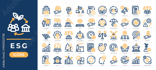 ESG icon set featuring sustainability, environmental impact, social responsibility, and corporate governance icon. Simple two tone vector.