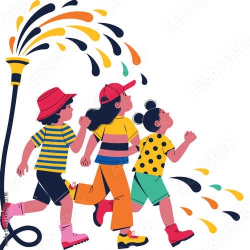 Children playing with water hose and enjoying summer fun outdoors - Concept of International Children's Day  