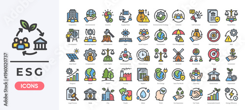 ESG icon set featuring sustainability, environmental impact, social responsibility, and corporate governance icon. Simple linear color vector.
