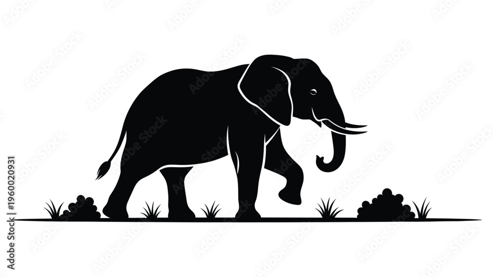 Fototapeta premium Black silhouette illustration of an elephant standing in a savanna landscape