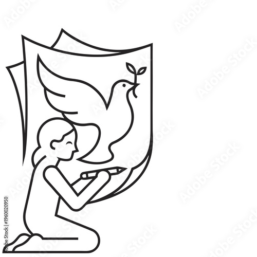 Young woman drawing a dove of peace on a shield symbolizing hope  