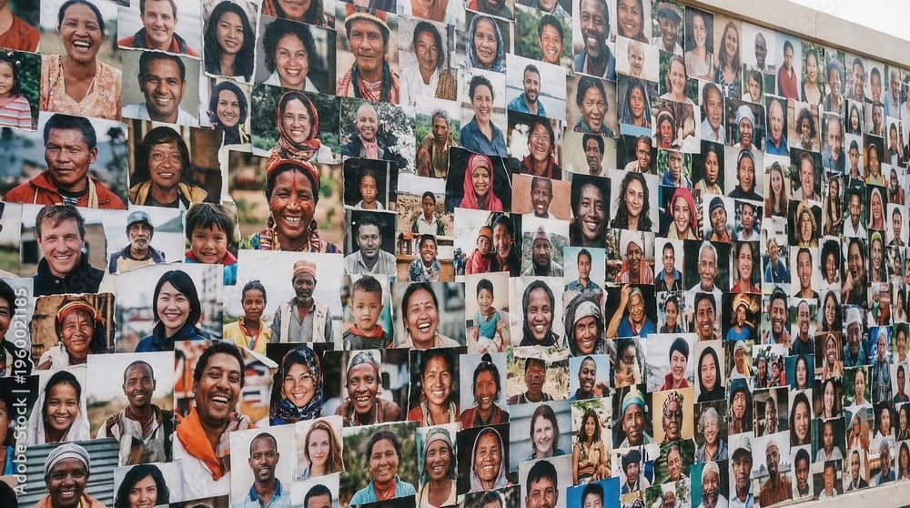 Fototapeta premium Wall covered in many faces representing diverse people from different cultures and backgrounds, showcasing community and connection