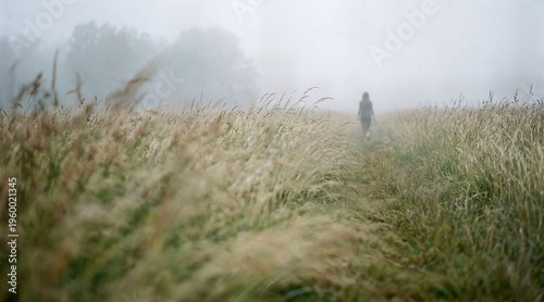 Person walking through tall grass in foggy field  