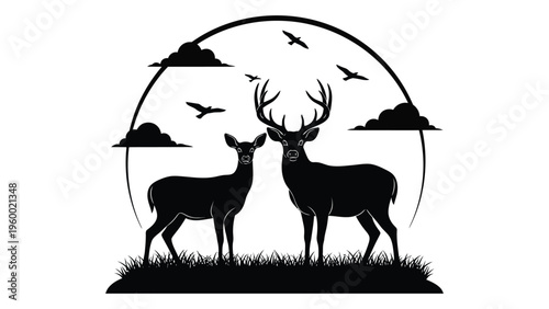 A large buck and a doe standing on grass