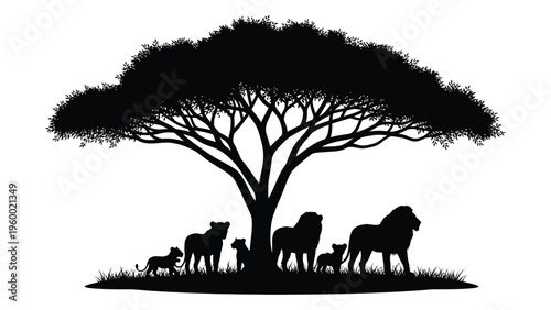 A group of lions sitting under a tree