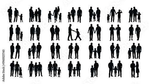 A collection of black silhouettes of people in various poses and outfits