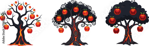 Fantasy glowing apple tree illustration, surreal lava tree artwork, mystical foliage design, magical nature drawing, creative autumn concept art, flat vector