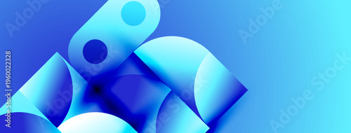 Abstract blue shapes overlap, creating dynamic composition. Gradient hues suggest depth, light interplay. Modern design element.