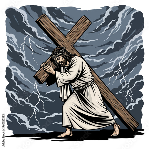 Jesus Christ carrying a large wooden cross on his back through stormy weather with lightning