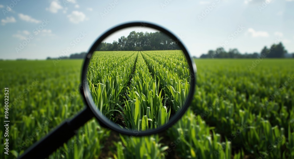 Fototapeta premium Magnifying glass focusing on healthy green agricultural terrain with copy space