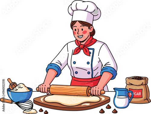 A professional female baker kneading dough on a wooden board with baking ingredients and tools